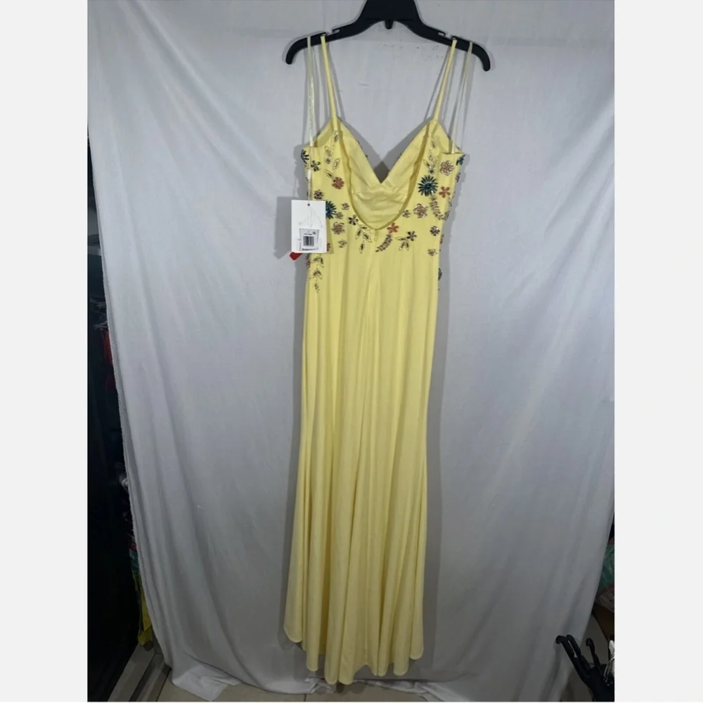 NWT Mac Duggal [ 4 ] Multi Color Beaded Floral Cami‎ Slit Gown Yellow - Picture 9 of 15